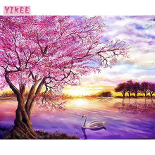 Load image into Gallery viewer, oil paint by number,paint canvas,pink tree and swan landscape,painting colorings by numbers
